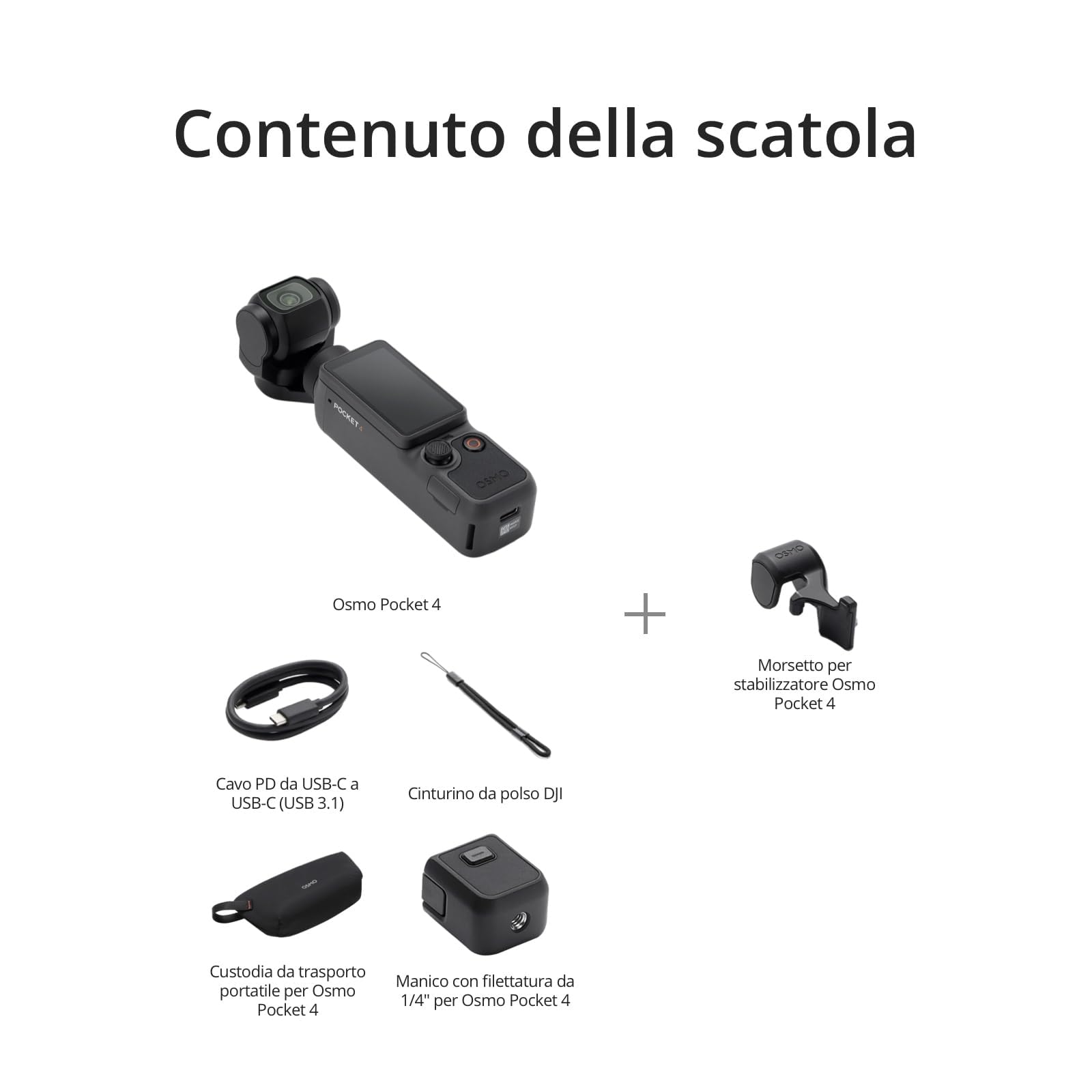 DJI Osmo Pocket 4 Combo Standard, fotocamera stabilizzata tascabile per vlog, CMOS da 1″ e 4K/240fps, stabilizzazione a tre assi, 107 GB di memoria integrata (Standard Combo)