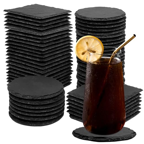 jxgzyy 60 Pcs Slate Coasters for Drinks Engraved Square Slate Coaster Natural Stone Coasters Bulk Rustic Rock Cup Coaster Anti-Scratch Backing for Bar Kitchen Home Apartment Gifts DIY