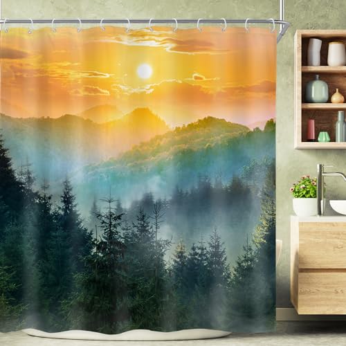 Mountain Green Misty Rustic Woodland Pine Bathroom Shower Curtain Set