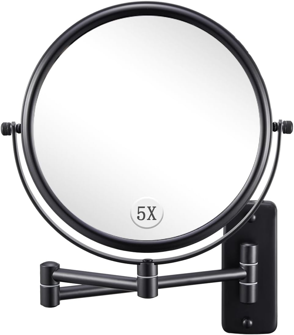 DECLUTTR Wall Mounted Makeup Mirror, 1X/5X Magnifying Mirror Double Sided, 8 Inch Swivel Make Up Mirror for Bathroom, Black