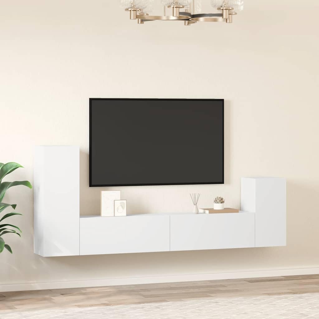 4-TLG. TV-Schrank-Set Weiß Holzwerkstoff, Wandmontage, Modernes Media-Center für Wohnzimmer, Schlafzimmer, 30.5x30x90 cm