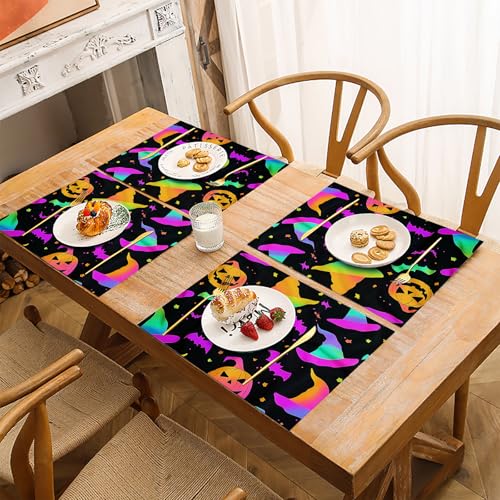 Sets de table Halloween violet néon au motif de chauves-souris et citrouilles - 5