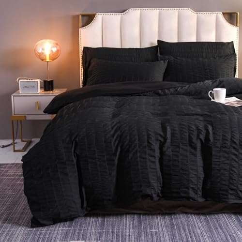 Delien Juego de ropa de cama de 200 x 200 cm, 3 piezas, color negro, microfibra, funda nórdica con rayas suaves y mullidas – 1 funda nórdica y 2 fundas de almohada de 80 x 80 cm