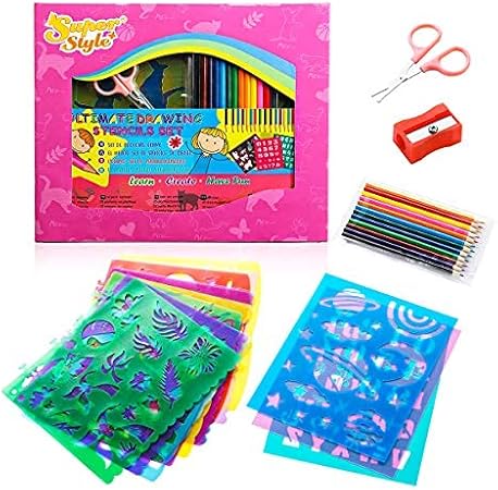 Amazon Superstyle 子供用図面ステンシルセット 色塗り学習 遊び 様々な形付き 色鉛筆 鉛筆ケース 削り ハサミ 子供へのギフトに最適 色鉛筆 文房具 オフィス用品