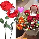 Ylapagne Red Rose Flower Ring Box Holder, Romantic Rose with Stem Jewelry Earring Box Flower Heart Engagement Ring Storage Box