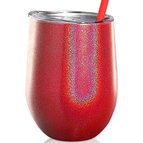 SassyCups Red Glitter Tumbler  12 Ounce Stainless Steel Vacuum Insulated Wine Tumbler with Closeable Lid and Reusable Straw  Iridescent Sippy Cup  Glittered Tumbler  Bling Sparkle Coffee Mug