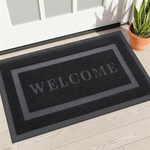 Image of OLANLY Welcome Door Mat Outside Entrance 29.5x17, Absorbent, Heavy Duty Sturdy Natural Rubber Doormat Indoor Outdoor, Non-Slip, Stain and Fade Resistant, Low Profile Floor Mat for Entryway, Black