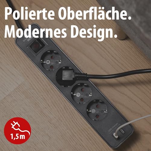 Brennenstuhl Ecolor Steckdosenleiste 4-Fach mit USB-Ladebuchse (Mehrfachsteckdose mit 2X USB C, Schalter und 1,5m Kabel) schwarz