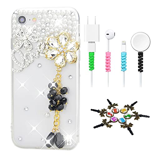 STENES Bling Phone Case Compatible with Bling Case Compatible iPhone 11 - Stylish - 3D Handmade [Sparkle Series] Flowers Rhinestone Pendant Design Cover with Cable Protector [4 Pack] - Black