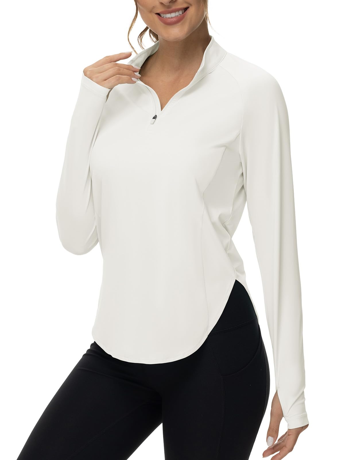 BGOWATU Women's 1/4 Zip Pullover Athletic Shirts Long Sleeve UPF 50+ Sun Shirt Lightweight Golf Workout Hiking Running Tops White M