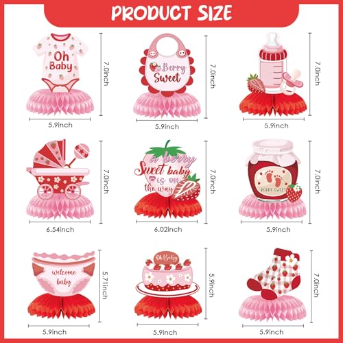 Image of Strawberry Baby Shower Decorations - Berry Sweet Honeycomb Centerpieces 9 Pieces Pink Berry Sweet Baby Shower Decorations Supplies for Girls Gender Announcement Party Table Decor