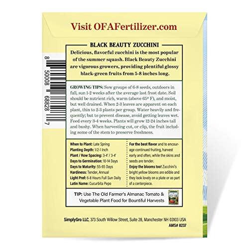 The Old Farmer's Almanac Heirloom Summer Squash Seeds (Black Beauty Zucchini) - Approx 50 Seeds - Non-Gmo, Open Pollinated, Usa Origin #TOP2