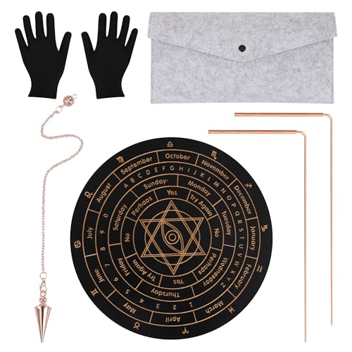 6 Divination Tools Kit Include 99.9% Dowsing Rods Copper Spiritual Dowsing Pendulum Board for Finding Water Detect Gold Locating Lost Items Ghost Hunting