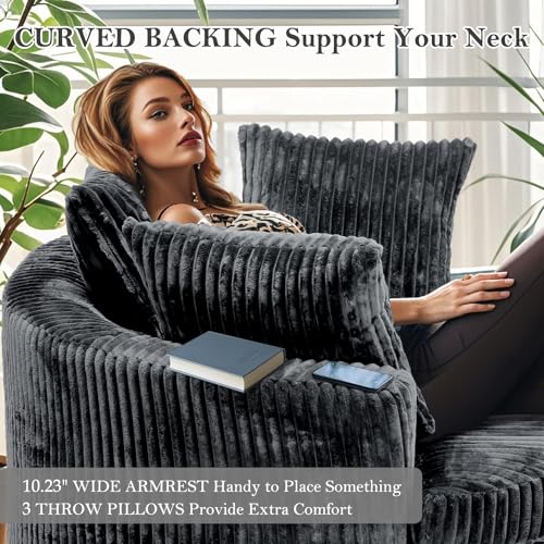Image of 59 Inch Oversized Chaise Lounge Chair Indoor, Round Corduroy Chaise Lounge Sofa Bed with Throw Pillows and Backrest, Plush Sleeper Chair Bed for Living Room Bedroom,No Assembly Required