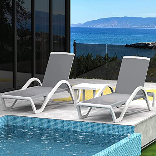 Image of Domi Patio Chaise Lounge Chair Set of 3,Outdoor Aluminum Polypropylene Sunbathing Chair with Adjustable Backrest,Arm,Side Table,for Beach,Yard,Balcony,Poolside(2 Gray Chairs W /Table)