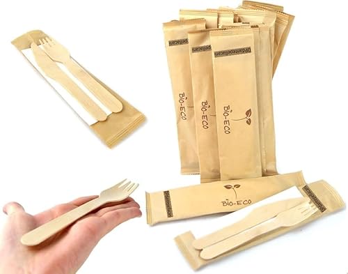 OFFERTA 300 Bis Posate usa e getta In legno Forchetta Coltello e Tovagliolo IMBUSTATI singolarmente, resistenti, sicuri anche per bambini, monouso totalmente biodegradabile
