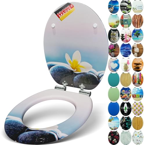 SANFINO® Premium WC Sitz mit Absenkautomatik – hochwertige Toilettendeckel aus Holz, viele bunte Motive, hoher Sitzkomfort, einfache Montage inklusive Montageanleitung – Flower & Stones