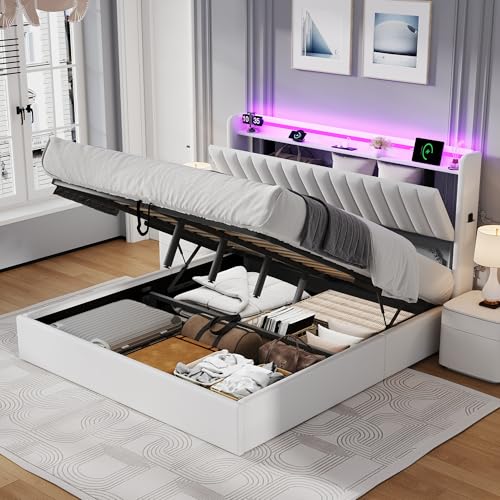 Double Bed Frame with Storage, 4ft6 Ottoman Bed Frame with Headboard & Hydraulic, Upholstered Bed with LED-Lighting & Charging-Station, PU, 135x190cm, White, No Mattress (White, 135 x 190 cm)