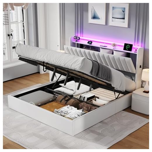 Double Bed Frame with Storage, 4ft6 Ottoman Bed Frame with Headboard & Hydraulic, Upholstered Bed with LED-Lighting & Charging-Station, PU, 135x190cm, White, No Mattress (White, 135 x 190 cm)
