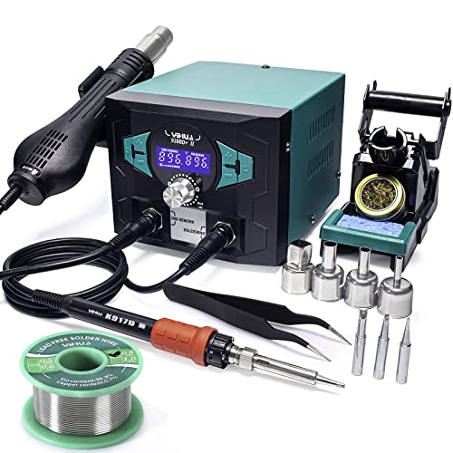 YIHUA 938BD+ II Soldering Iron Station Hot Air Rework with Sleep Mode, °F /°C, Digital Temperature Calibration Functions with Lead-free solder wire, 3 soldering tips, X-2 holder