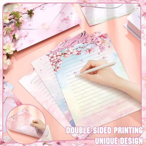 Image of TaoBary 160 Pcs Cherry Blossom Stationery Paper and Envelopes Set 50 Double Sided Lined Stationery Paper with 50 Matching Envelopes and 60 Round Dot Sticker 8.5 x 11'' Letter Writing Kit, 10design