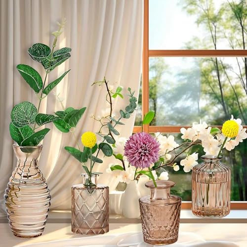 Image of TIED RIBBONS Glass Bud Vases for Flowers - Pack of 10 Amber Antique Glass Centrepiece for Mini Flowers- Antique Collections for Floral Arrangements Home Decorations Item for Home Decor