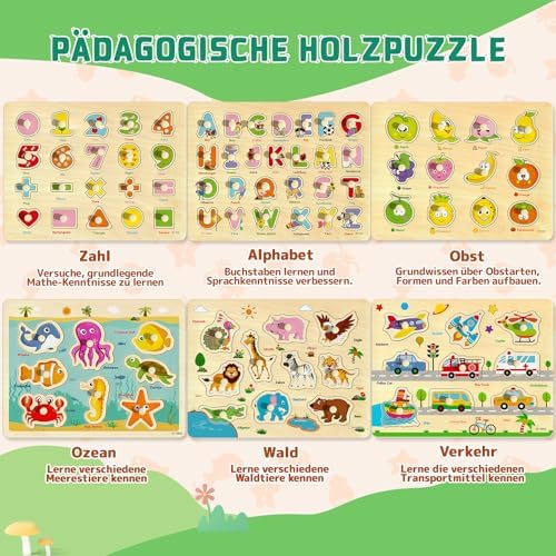 Wooden Puzzle for Toddlers 2-4, 6 Pack Educational Peg Puzzles Montessori Toy, Learning Puzzles for Children Girls Boys 1-3 3-5 with Alphabet Number Animal Vehicle Shape