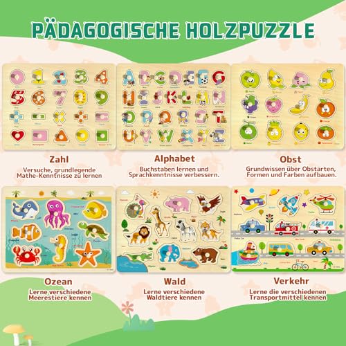 edutree Hölzerne Steckpuzzle für Kleinkinder 2-4, 6 Pack pädagogische Peg Puzzles Montessori Spielzeug, Lernen Puzzles für Kinder Mädchen Jungen 1-3 3-5 mit Alphabet Zahl Tier Fahrzeug Form