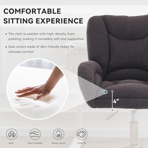 Image of FOXHUNTER Vanity Chair with Ergonomic Back & Wheels, 360 Swivel Accent Chair, Adjustable Height Home Office Chair for Living Room, Bedroom (Teddy, Dark Gray)