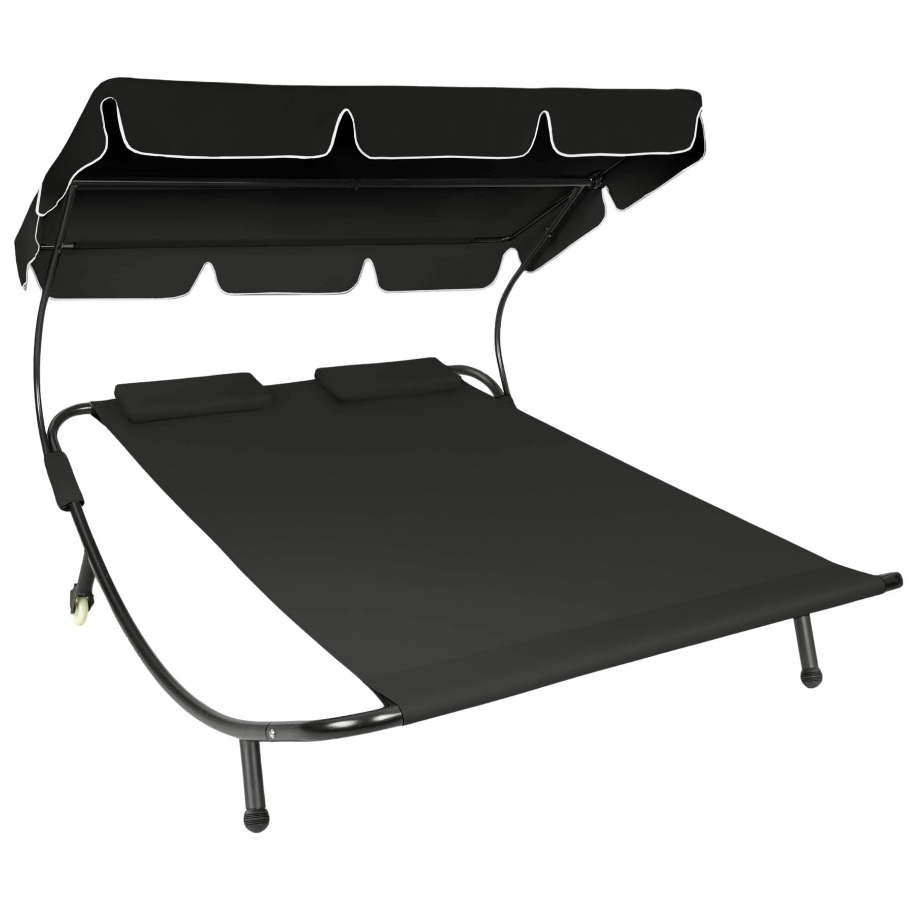 tectake® Tumbona Doble de Jardín, Tumbona de Playa con Parasol Plegable, Tumbona de Piscina para Dos, Tumbona Jardín Exterior con 2 Ruedas y Cojines, Fácil Montaje, Interior y Exterior - Negro/Negro
