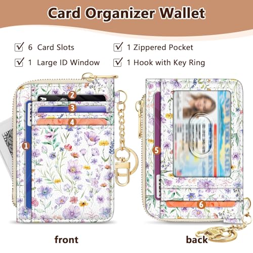 Image of GIANCOMICS Slim Wallet Credit Card Holder Women, Purple Flower Rfid Blocking Small Card Case, Keychain Thin Pocket Curved Zipper Wallet, Travel Card Holder PU Leather ID Window, Ladies Female Gifts