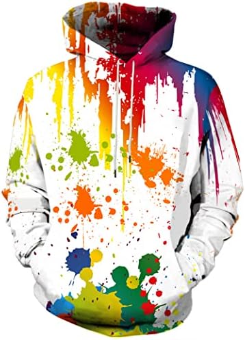 Linnhoy Unisex Adults Teens Paint Splatter Sweatshirts for Men Women 3D Graphic White Printed Hoodie Fashion Colorful Sweater Big Pockets Size Large