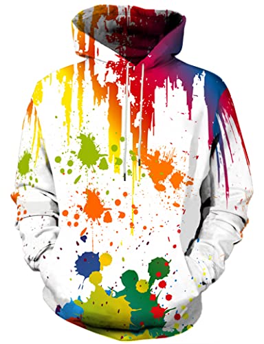 Linnhoy Unisex Adults Teens Paint Splatter Sweatshirts For Men Women 3D Graphic White Printed Hoodie Fashion Colorful Sweater Big Pockets Size Large #TOP7