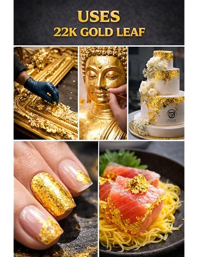 Image of UGLS 22k Edible Gold Leaf Sheets 100 pcs for Sweets Decoration, Cakes Decoration, Worshipper (Pooja), Jain Temple, Face Facial Spa & Many More Benefits. 3x2.in /80x50.mm