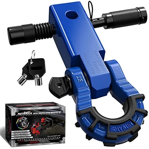 AUTMATCH Shackle Hitch Receiver 2" with 3/4" Mega D Ring Shackle and 5/8" Trailer Hitch Lock Pin, 68,000 Lbs Break Strength Heavy Duty Receiver Towing Kit for Off-Road Vehicle Recovery, Blue Cover