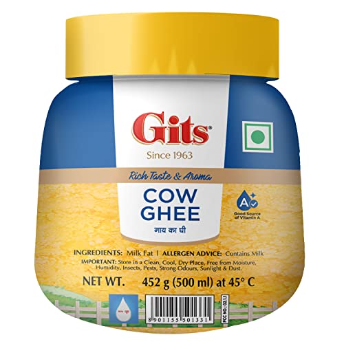 Image of Gits Cow Ghee 500 ml Jar | Pack of 2 | Aroma in every drop |Pure Veg, Pure Cow Ghee, Desi Ghee, No preservatives | Rich Taste & Aroma | Good source of Vitamin A, Delicious, Healthy & Nutritious | Good for Digestion, Heart, Skin and Hair | Homemade taste