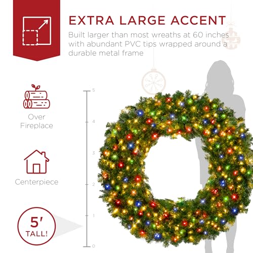 Image of Best Choice Products 60in Large Artificial Pre-Lit Fir Christmas Wreath Holiday Accent Decoration w / 375 Multicolor Lights, 930 PVC Tips