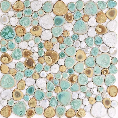 Hominter Pebble Porcelain Tile Turquoise Cream and Beige Mosaic Waterproof