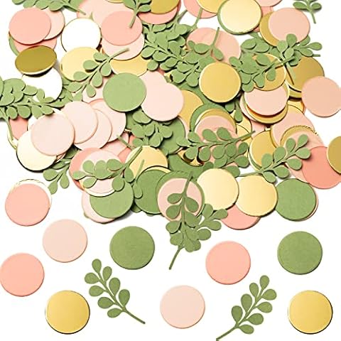 BeYumi 300Pcs Sage Olive Green Peach Blush Round Scatter Confetti Dots Greenery Confetti Decorations with Eucalyptus Table Decoration for Sage Wedding Bridal Baby Shower Greenery Theme Party Cover