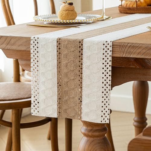 FEXIA Boho Table Runner for Home Coffee Decor 72 Inches Long Farmhouse Rustic Table Runner Macrame Burlap Centerpieces for Tables Decoration for Kitchen Bedroom Decor Bridal Shower (12x72 Inches)