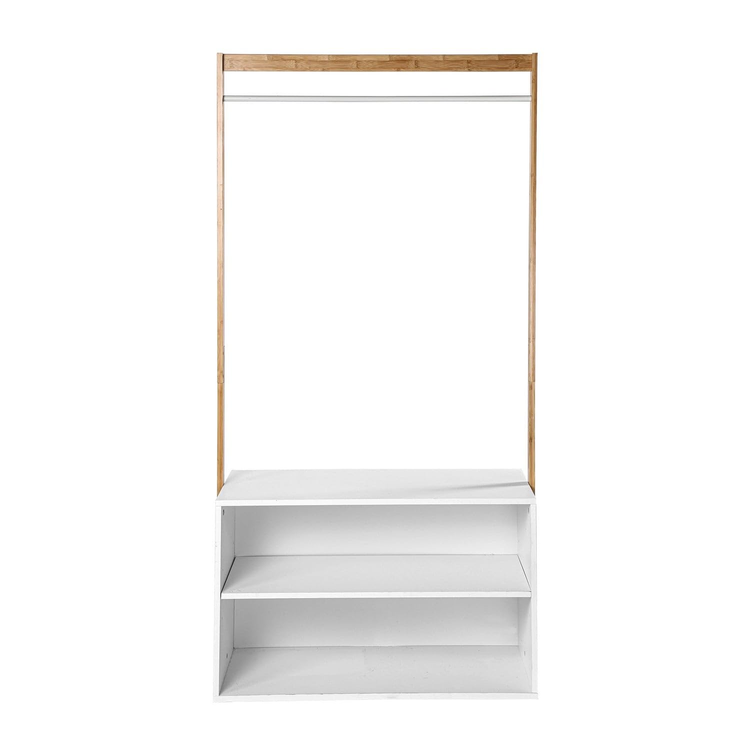 Drewniana szafa z półkami - bambus - wieszak na ubrania - przechowywanie butów - 2 pudełka - Biały i drewniany - Szafka wejściowa - sypialnia - 90 x 40 x H171 cm