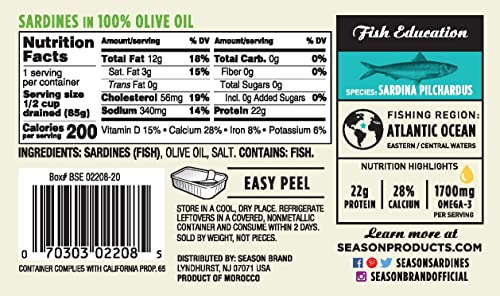 Season Sardines in Olive Oil - Wild Caught, 22g of Protein, Keto Snacks, More Omega 3's Than Tuna, Kosher, High in Calcium, Canned Sardines - 4.37 Oz Tins, 12-Pack