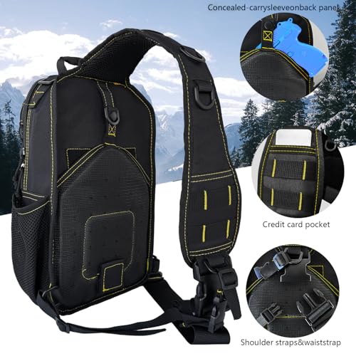 Image of Rover Sling Pack Tactical Shoulder Sling Bag Backpack with Bottle Holder Crossbody Chest Bag, Black with Yellow