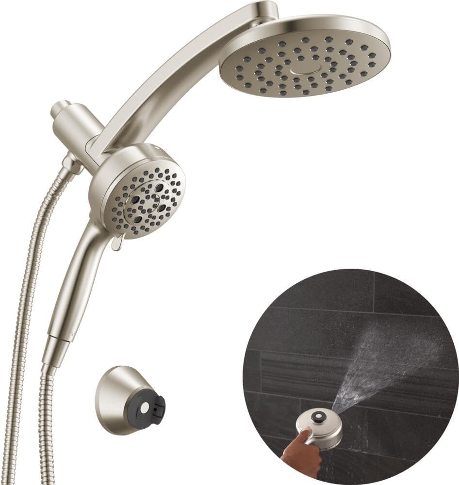 Delta 7-Setting PivotPro 3-in-1 Combination Shower Head with ProClean Spray, Brushed Nickel Round Shower Head Rainfall with Handheld Spray, 1.75 GPM, Lumicoat Stainless 58600-SS-PR