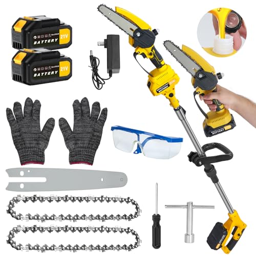 Élagueuse sur perche sans fil 2 en 1, mini tronçonneuse 6 pouces 21 V avec moteur brushless, perche télescopique 30-180 cm, 2 batteries 1,5 Ah pour taille...