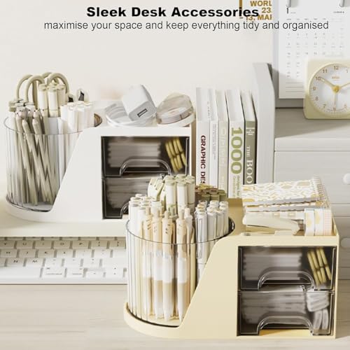 Image of KREPS Makeup Brush Holder with Lid,360 Rotating Makeup Organizer, Nail Polish Perfume Lipstick Pen-Pencil Paint Brush Stationary Organizer, Multifunctional Dressing Table Storage (Off White)