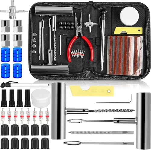 NCKIHRKK Kit Riparazione Pneumatici, 82pcs Professional Kit di Riparazione Auto e Moto Tubeless, con 40pcs Strisce Riparazione Pneumatici, per la Riparazione di Forature Auto Moto Jeep ATV Trattore