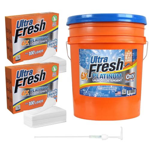 Image of Ultra Fresh 6X Platinum Laundry Detergent, Up to 640 Loads, Bleach Alt, 5 Gallon Bundled with Platinum 6X Laundry Detergent Sheets with Fresh Scent