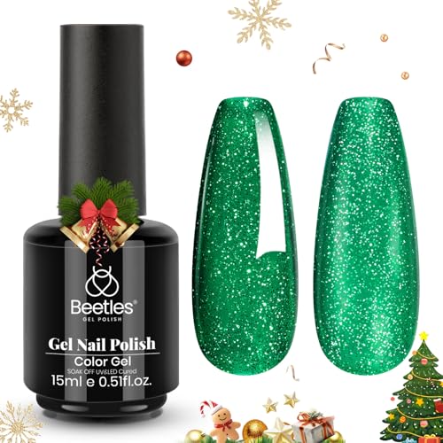Beetles Christmas Green Gel Nail Polish – EverGleam Glitter Gel Polish, 15ml Soak Off UV LED Shimmer Emerald Green Nail Art Color, Long Lasting Glossy Manicurefor Salon and DIY Nail