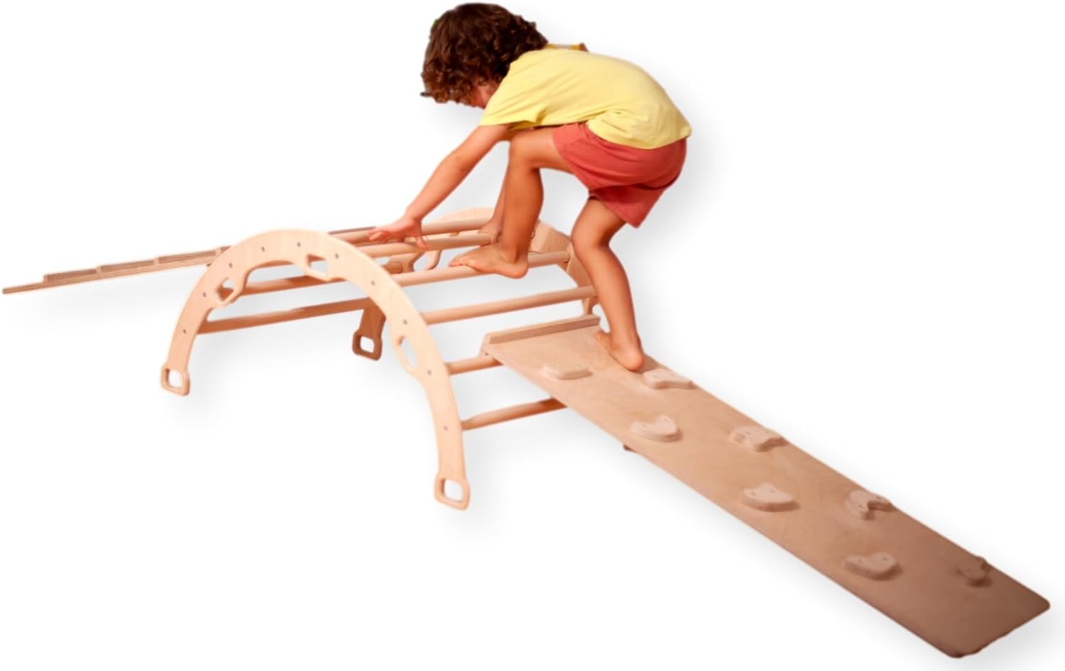 Montessori Wooden Climbing Arch Waldorf Climbing Arch for Toddler | Montessori Rocker Dome for Kids | Wooden Climbing Rocker Arch with Ramp and Star Pillow (2 Ramps)
